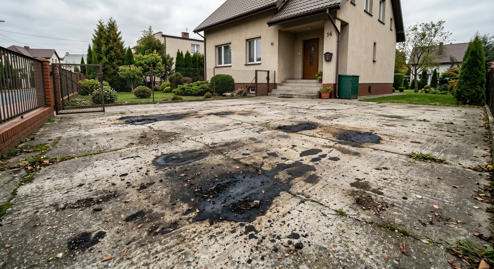 Podjazd z  kostki z  plamami z  oleju przed czyszczeniem