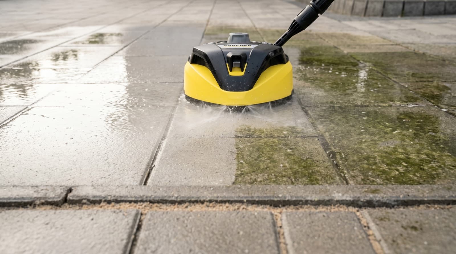 Mycie kostki brukowej surface cleanerem Kärcher T-Racer w Szczecinie - kontrast strony umytej i nieumytej, realizacja STmaster